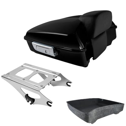 TCT-MOTORPARTS Gloss Black Chopped Tour Luggage Trunk w/Backrest & Mount Rack Fit for Harley Touring 2014-2025 Harley Touring CVO Road Street Special Electra Glide Road King - color: Vivid Black Chopped Trunk+Chrome Rack