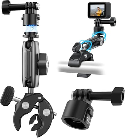 TELESIN S2 Quick Release Clamp Mount, Bike Motorcycle Handlebar Roll Bar Tube Clip Holder Attach Accessories for GoPro 13 12 11 10 9 8 Insta360 X5 X4 X3 GO3 Ace Pro 2 DJI Action 3 4 5 Pro Pocket 3 - color: Metal Single Ball+Quick Release