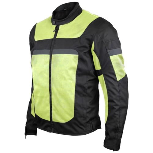 Vance Leather Mens Advanced All-Season Reflective Mesh & Textile Motorcycle Jacket w/CE Armor & Removable Liner - color: Hi-viz Green, size: Medium