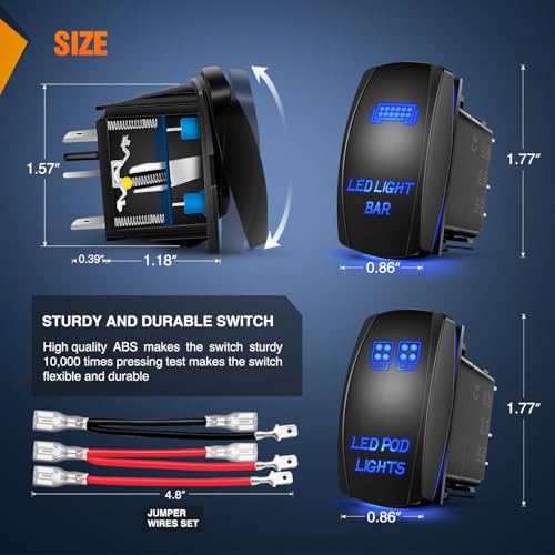 Nilight 2 Pack Led Pod Lights Rocker Switch Light Bar 5 Pin Laser On Off SPST Switches 20A/12V 10A/24V Blue with Jumper Wires Set for Cars Trucks RVs - color: Blue, size: LED LIGHT BAR+LED POD LIGHTS