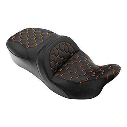 C.C. RIDER Low Profile Passenger Seat - Fat Diamond Pro 2-Up One-Piece fit for Harley Touring Road King FLHR Street Glide FLHX FLTRX 2009-2023 Bagger Comb #Orange Stitching One piece - color: Orange Stitching