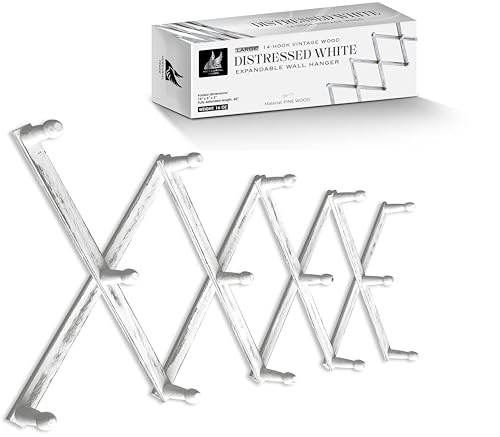 Expandable Wooden Coat Rack Hanger - Large Accordion Hanger with Expanding Pegs | Hand Made Rustic Wooden Hat Rack for Wall | Hang Coat, Jacket, Hat | Wall Rack – 14 Hook, Distressed White - color: Distressed White, size: 14 Hooks - Large Size