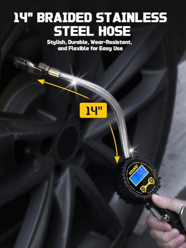 AZUNO Digital Tire Inflator with Pressure Gauge, 200 PSI Heavy Duty Air Compressor Accessories, with 14'' Steel-Braided Hose Lock on Air Chuck and Quick Connect Coupler