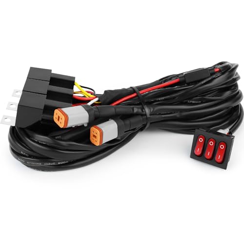 2 Leads Wiring Harness Kit, 12V Plug & Play 4-Pin DT Wiring Harness with 3-Button Switch & Relay Blade Fuse for Truck SUV ATV Off-Road LED Light Pods & Light Bars