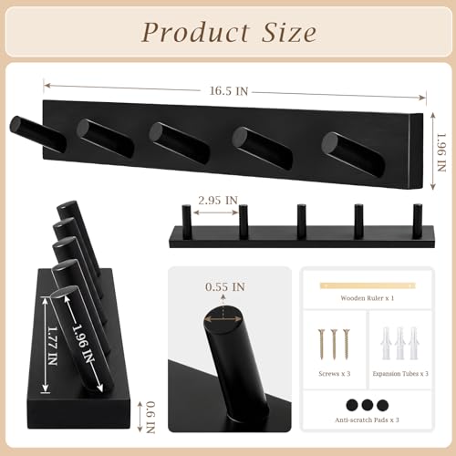 Coat Rack Wall Mount, Wooden Coat Hanger with 5 Hooks, Heavy Duty, Black, 1 Pcs - color: Black