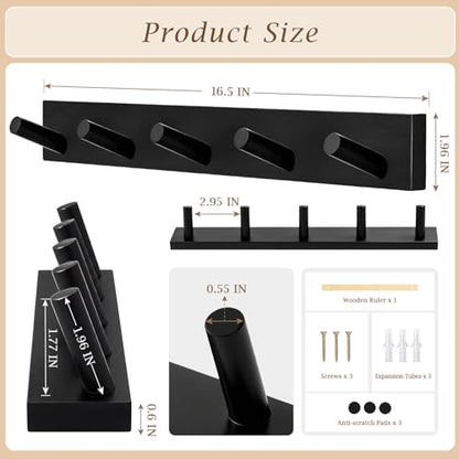 Coat Rack Wall Mount, Wooden Coat Hanger with 5 Hooks, Heavy Duty, Black, 1 Pcs - color: Black