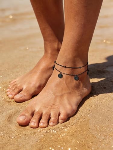 U7 Silver/Gold Ankle Bracelets for Women Layered Chain Anklets Stainless Steel Waterproof Summer Beach Anklet Cham, Adjustable 8.5"-10.5" - color: Black - Ball Chain+Paperclip Chain