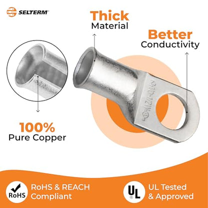 SELTERM 10pcs 1/0 AWG-1/2" Stud (Wide Pad) Tinned Copper Wire Lugs, Heavy Duty Battery Cable Ends,0 Gauge Ring Terminals, UL Battery Lugs Marine Grade Copper Eyelets Battery Terminal Connectors - color: Tinned Copper Lugs, size: 1/0 Awg - 1/2" (M12) Ring