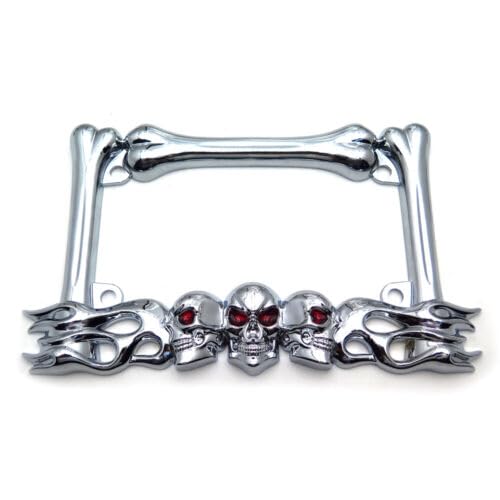 Chrome Die-Cast Metal Skull License Plate Frame, Heavy Duty Decorative Trim, Universal Fit for All Motorcycle License Plates and Custom Bike Builds - color: Chrome, size: Skull