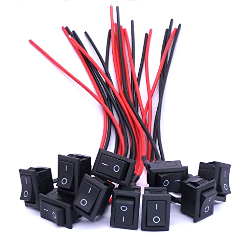 Twidec/10Pcs Rocker Switch AC 6A/250V 10A/125V SPST 2 Pins 2 Position ON/Off Car Boat Square Black Rocker Switch Toggle with Pre-soldered Wires KCD1-X-F - color: Black-Square-ON OFF-10PCS