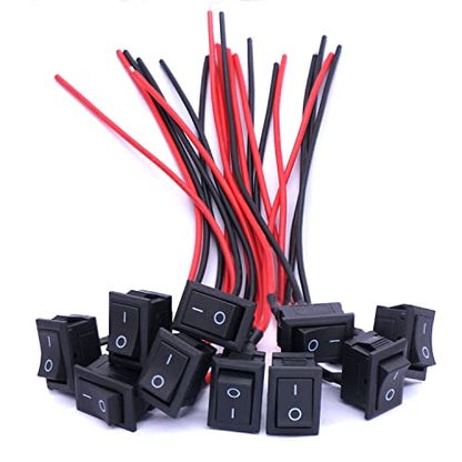 Twidec/10Pcs Rocker Switch AC 6A/250V 10A/125V SPST 2 Pins 2 Position ON/Off Car Boat Square Black Rocker Switch Toggle with Pre-soldered Wires KCD1-X-F - color: Black-Square-ON OFF-10PCS