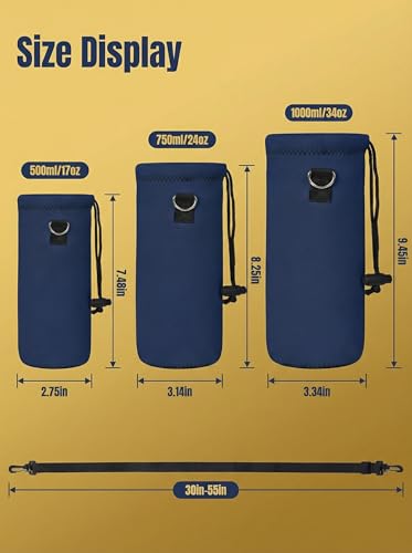 RICHEN Neoprene Water Bottle Carrier Bag with Adjustable Shoulder Strap,Insulated Water Bottle Cover for Stainless Steel/Glass/Plastic Bottles - color: Navy Blue, size: 750ml