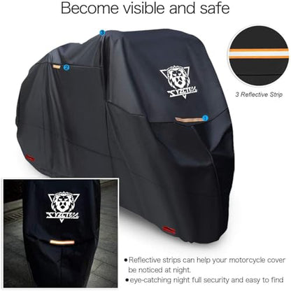 XYZCTEM Black Motorcycle Cover -Waterproof Outdoor Storage Bag,Fits up to 108" Motors,Made of Heavy Duty Material, Compatible with Harley Davison and All Motors,Professional Windproof Strap - size: 108"