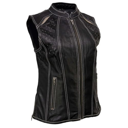Milwaukee Leather MLL4507 Women's Black Leather Purple Accented Laser Cut Vented Scuba Style Motorcycle Rider Vest - size: X-Large