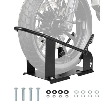 Motorcycle Wheel Chock Stand, Adjustable Front Wheel Chock with 3 Position Steel Cradle, Fits 15-21 in Wheels, 3-6.5 in Tires, Heavy Duty Tire Holder for Garage Trailer Truck