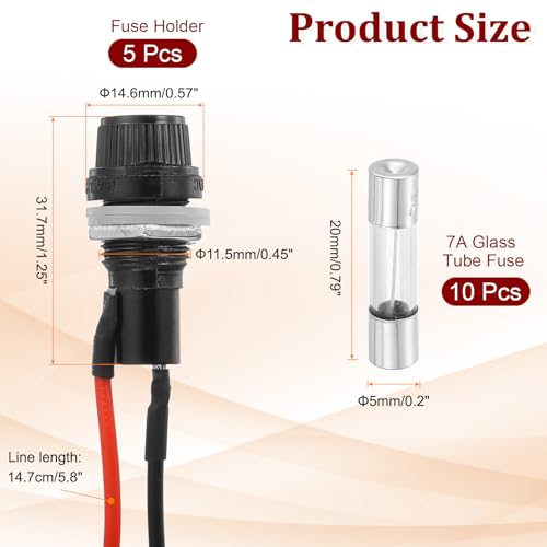 MECCANIXITY 5 Pcs Panel Mount Fuse Holder, 10/15A AC 125/250V 5 x 20mm Fuse Spade Terminal Screw Cap Fuse Holders with Pre-Soldered Wires and 7A Glass Tube Fuses - size: 5X20mm, style: 7A