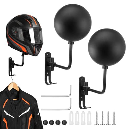 2 Pack 180° Rotating Aluminum Alloy Helmet Holder Wall Mount – Sphere Protects Shape, Double Hooks for Coats & Keys, Space-Saving Motorcycle Helmet Rack for Garage, Home