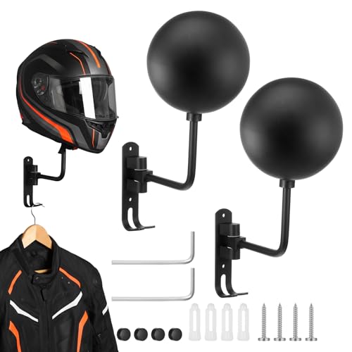 2 Pack 180° Rotating Aluminum Alloy Helmet Holder Wall Mount – Sphere Protects Shape, Double Hooks for Coats & Keys, Space-Saving Motorcycle Helmet Rack for Garage, Home