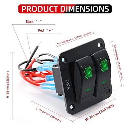 FXC Rocker Switch Aluminum Panel 2 Gang Toggle Switches Dash 5 Pin ON/Off 2 LED Backlit for Boat Car Marine Green - color: 2Gang Green, size: 2 Gang
