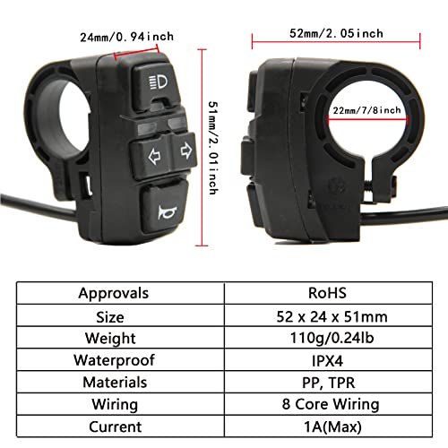 Motorcycle Turn Signal Headlight Horn Switch - 48V Waterproof Light Horn Turn Signal ON/Off Switch for Scooter Electric Bike