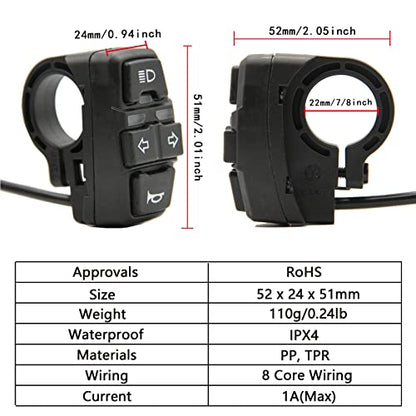 Motorcycle Turn Signal Headlight Horn Switch - 48V Waterproof Light Horn Turn Signal ON/Off Switch for Scooter Electric Bike