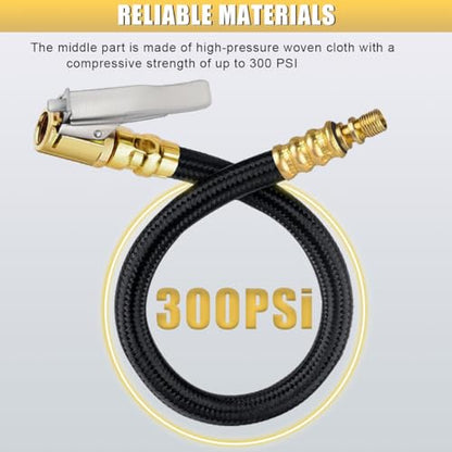 12'' Tire Inflator Extension Tube, Tyre Pump Quick Inflation Chuck Adapter with Presta Valve, Portable Clip On Connector High-Pressure Tube, Auto Maintenance Accessory for Car Motorcycle