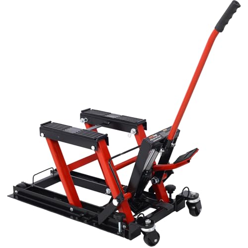Hydraulic Motorcycle Lift Jack, 1500 LBS Capacity-ATV Scissor Lift Jack, Portable Motorcycle Lift Table with 4 Wheels, Hydraulic Foot-Operated Hoist Stand (Black+ Red) - color: Black+Red