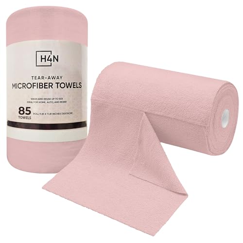 H4N Microfiber Cleaning Cloth Roll, 85 Pack Micro Fiber Wash Cloths for Car, Tear Away Towels, Ultra Absorbent Dish Rags, Non-Abrasive, Reusable and Washable Household Supplies, 11.81" x 11.81", Pink - color: Pink
