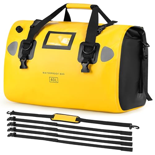 HOMIEE 40L Waterproof Duffel Bag, Waterproof Motorcycle Dry Travel Bag Tail Bag with Roll Top Closure & Shoulder Straps Outer Mesh Zipper Pocket for Camping, Kayaking, Fishing & Traveling - color: Yellow