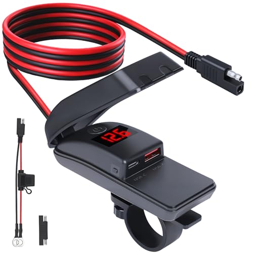 EXTRACTME Motorcycle Phone Charger, 36W Dual USB Type C PD 3.0 & QC 3.0 Motorcycle USB Charger with Voltmeter & ON/Off Switch, Waterproof Fast Charging SAE to USB Adapter for Phone, Tablet, GPS, etc