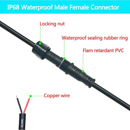 Waterproof Connector 2 Wire,22AWG 2Pin Male Female Plug LED Connector with IP68,30CM Extension Cable for Car,LED Strip Lights(3Pack) - size: 22AWG 2pin led connector