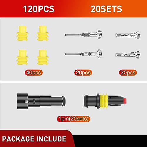 Nilight 120PCS 1 Pin Electrical Connector ‎Plug Male Female Terminal Wire Connectors Waterproof One Way Automotive Connect Set for Car Truck Motorcycle Marine Boat 20 Sets - size: 1Pin Connector 200Pcs