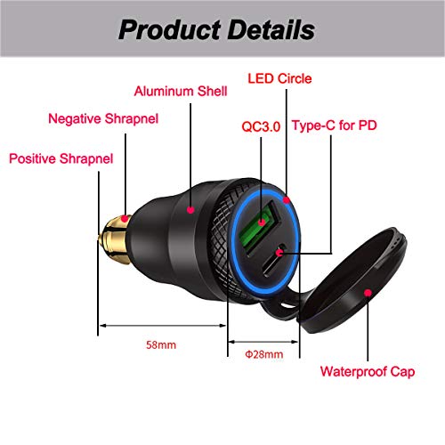 iMESTOU Aluminum DIN Plug 30W 5A Power Delivery Motorcycle Dual USB Charger QC 3.0 Quick Charge Power Adapter Waterproof Fits for 12V-24V BMW Ducati Triumph DIN Socket - color: Black