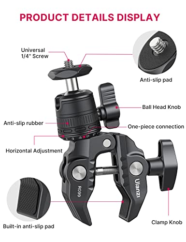 ULANZI R099 Super Clamp Camera Mount - Heavy Duty 3.3lb Load Metal Clamp with 360° Ball Head for Action Cameras (GoPro/Insta360/DJI), DSLR, Bike/Motorcycle Handlebar, Pole/Tube Mount Accessories