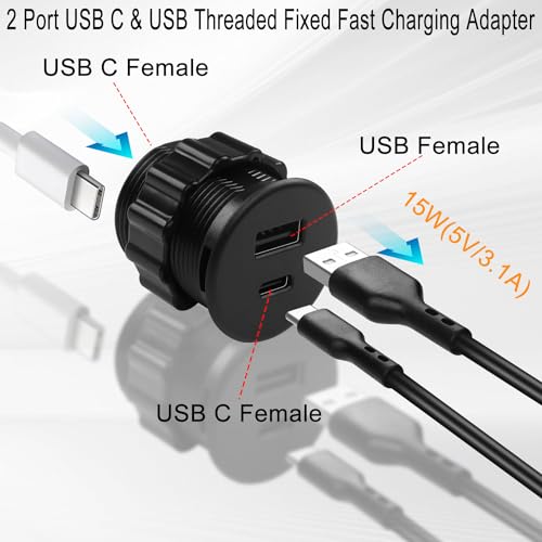 QIANRENON 2 Port USB C & USB Threaded Fixed Fast Charging Adapter 15W USB C + USB A Embedded Mount Round Connector Socket 5V/3.1A,LED Light, Mount on Furniture Desktop, Black (only for USB Charge) - color: Black