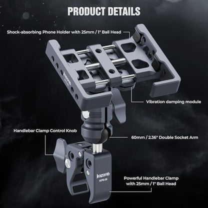 Shock-Absorbing Phone Holder, Handlebar Clamp Base Fits 0.5"-2" Diameter Bars, 25mm Ball & Dual Socket Arm, 360° Rotatable, Universal for iPhone/Android Phones Width 2.56"-3.74" (KPS-13) - color: KPS-13