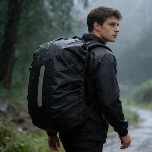 Backpack Rain Cover with Reflective Strip,1-Piece Medium (M) Fitted Water-Resistant Shell for Commuting and Outdoor Travel in Black