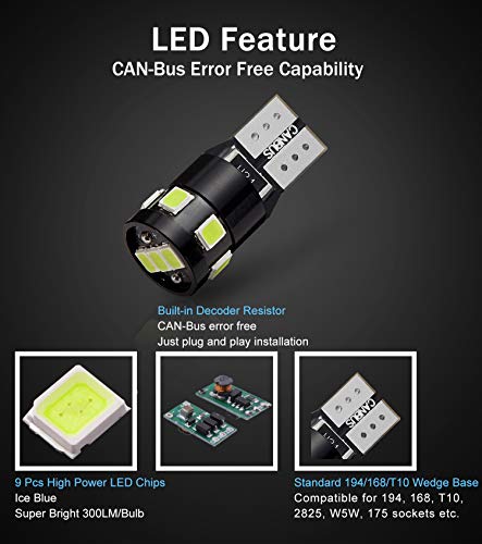 300LM Extremely Bright Canbus Error Free 194 168 2825 W5W T10 LED Bulbs Ice Blue 9-SMD 2835 Chipsets for Dome Map Door Courtesy License Plate Lights(Pack of 4) - color: Ice Blue