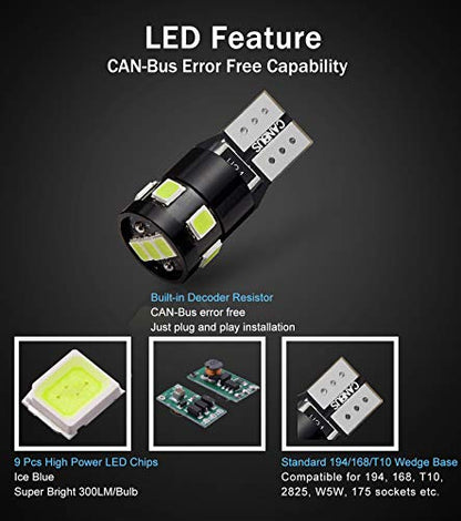 300LM Extremely Bright Canbus Error Free 194 168 2825 W5W T10 LED Bulbs Ice Blue 9-SMD 2835 Chipsets for Dome Map Door Courtesy License Plate Lights(Pack of 4) - color: Ice Blue