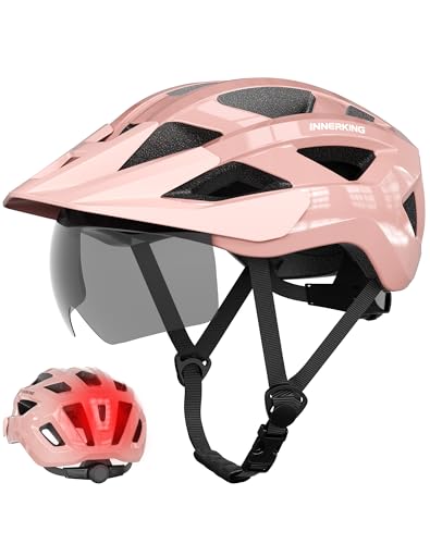 Bike Helmet for Adults, Lightweight Mountain Bicycle Helmet with USB Rechargeable Rear Light Detachable Magnetic Goggles, Road Bike Cycling Helmet with OTG Visor for Men Women - color: Pink, size: Medium