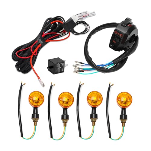 Universal Motorcycle Turn Signal Light Kit with Wiring Harness & Adjustable Flash Relay, 4PCS Amber LED Indicator Lights, Horn Switch Handlebar Control, Plug and Play for Dirt Bike Scooter ATV