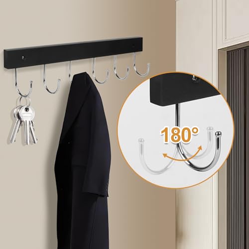 2 Pack Coat Rack Wall Mount with 12 Rotating 180° Coat Hooks, 14.6" Rustproof Wooden Entryway Organizer, Wall Hooks for Hanging Coats, Purse, Hats, Jackets, Towels, Space Saving Hanger (Black) - color: Black