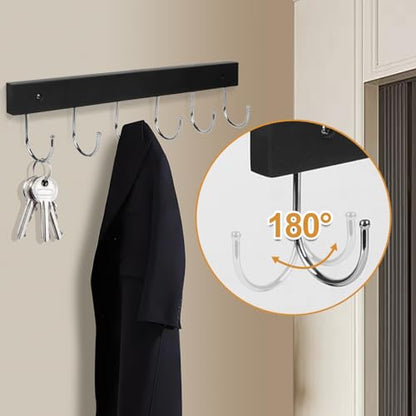 2 Pack Coat Rack Wall Mount with 12 Rotating 180° Coat Hooks, 14.6" Rustproof Wooden Entryway Organizer, Wall Hooks for Hanging Coats, Purse, Hats, Jackets, Towels, Space Saving Hanger (Black) - color: Black