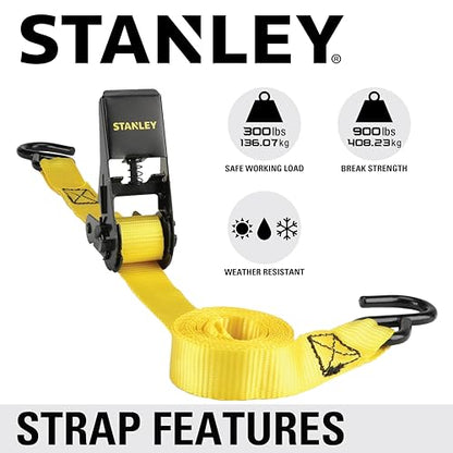 STANLEY S9500 Black/Yellow 1" x 10' Ratchet Straps - Light Cargo (300 lb Working Load / 900 lb Break Strength), 4 Pack - size: 1" x 10'