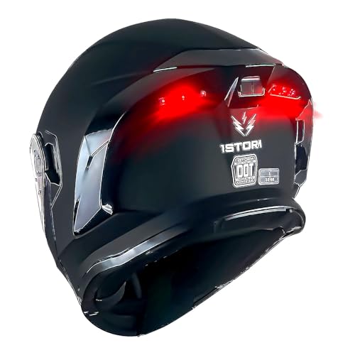 1Storm New Motorcycle Bike Modular Full Face Helmet Dual Visor Sun Shield with Rechargeable LED Tail Light: LED-X90 Matt Black - color: Matte Black LED Light, size: Large
