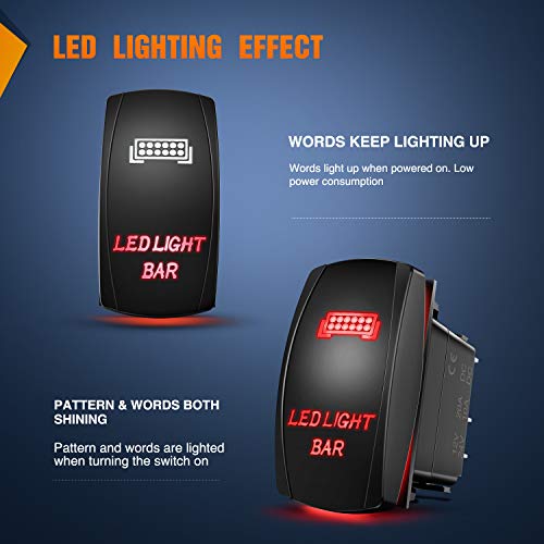 Nilight 90001R LED Light Bar Rocker Switch Red 5Pin Laser On/Off LED Light 20A/12V 10A/24V Switch Jumper Wires Set - color: Red, size: LED LIGHT BAR