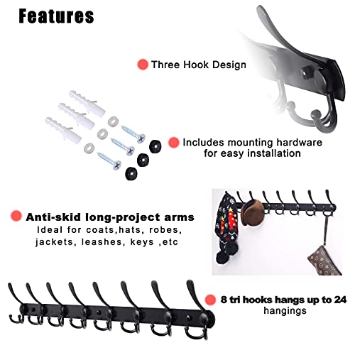 Dseap Coat Rack Wall Mount - 29.5” Long 8-Tri-Hooks Heavy Duty Coat Hanger Rail Wall Hooks for Hanging Coats Hats Clothing Clothes Purse Mudroom Entryway, Black, Pack of 2 - color: Black, size: L=29.5” (2 Pcs)