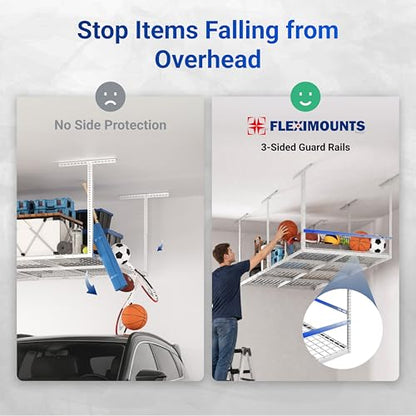 FLEXIMOUNTS 4x8ft Overhead Garage Storage Rack with Safety Rails, White | 750lbs Capacity, Adjustable 22-40" Height, 3-Sided Guard Rails, Heavy Duty Metal, Ceiling Storage System - color: White