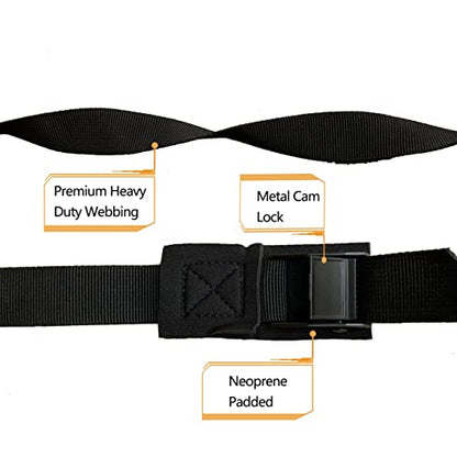 Tie Down Strap Padded Cam Lock Buckle - Cargo Straps for Moving Appliances, Lawn Equipment, Motorcycle SUP Kayak Surfboard Surf Rack - Black Pair