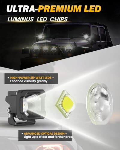 LED Pod Lights, 2 inch 50W LED Pods Ditch Lights Reverse Lights LED Cubes for Trucks, Jeeps, Motorcycles, SUVs, ATVs, UTVs - Wide Driving Beams, 2PCS - size: 2 Inch White Driving Lights